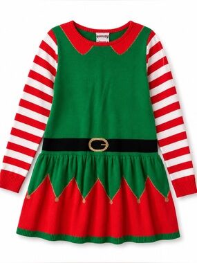 Well Worn Holiday Sweater Girls Knit Green and Red Elf Dress Costume Size M(7-8)